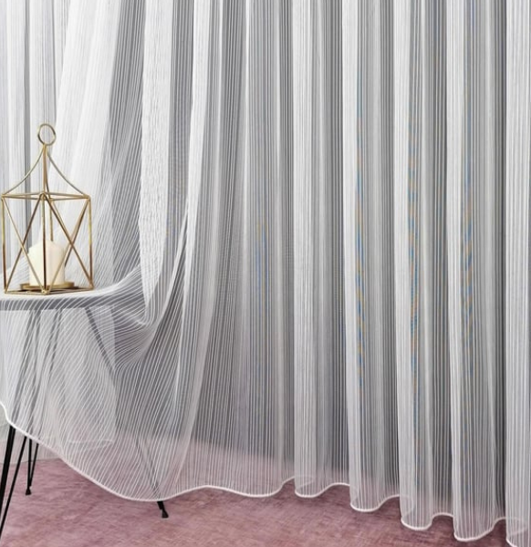 İnce Çizgili Modern Tül Perde / 2,50x2.60 metre - Tam boy / Ekru